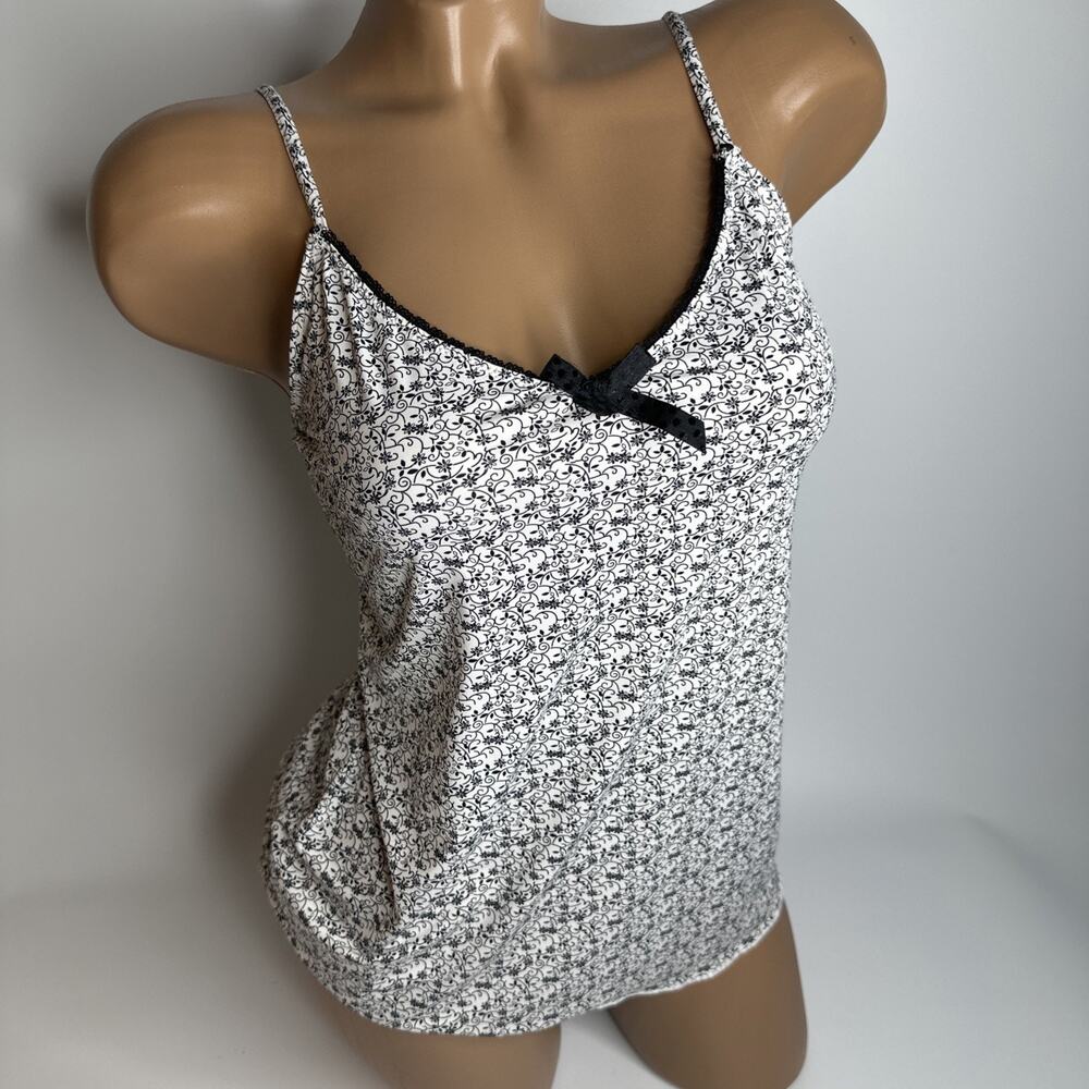 Gina Benotti Y2K Floral Bow Cami Top Medium 40/42 Black White Stretch Tank EUC